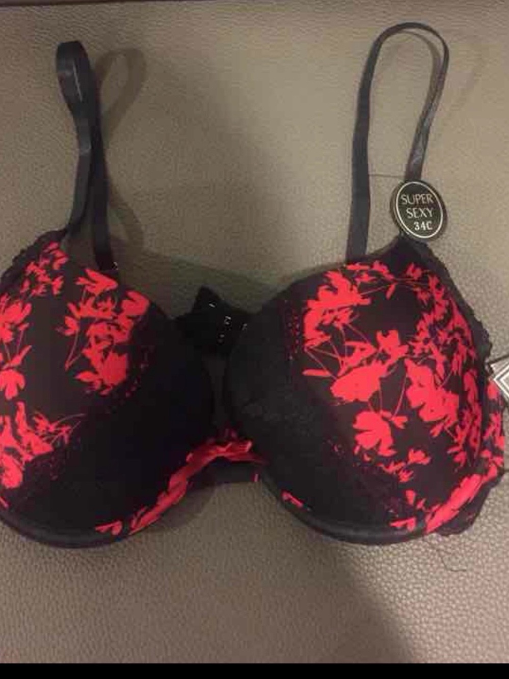 Per Se Black Bra with Red Floral Accents